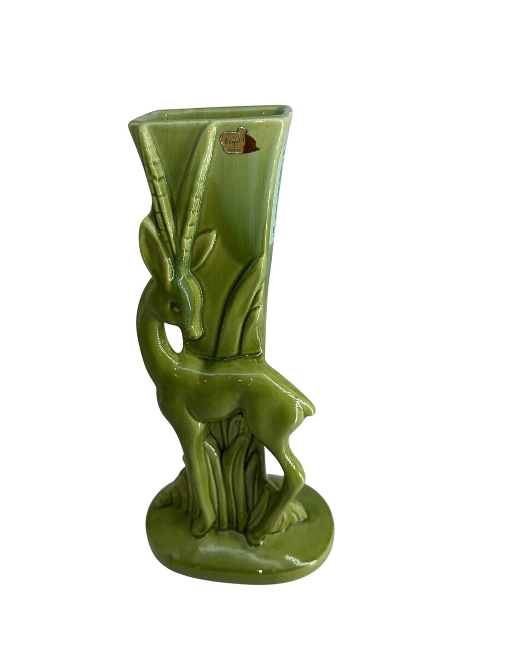 Royal Haeger Gazelle Vase 15" Green Stickered Vintage Deer Countryside Antelope